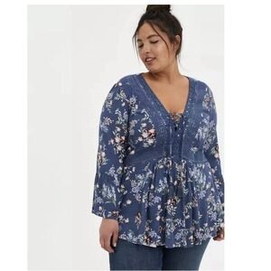 Torrid Blue Floral Babydoll Gauze Crochet Trim Lace Up Boho Tassels Top Size 1X‎